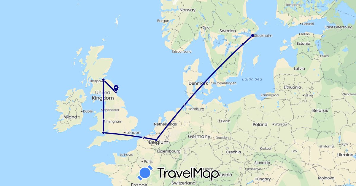 TravelMap itinerary: driving in Belgium, United Kingdom, Sweden (Europe)